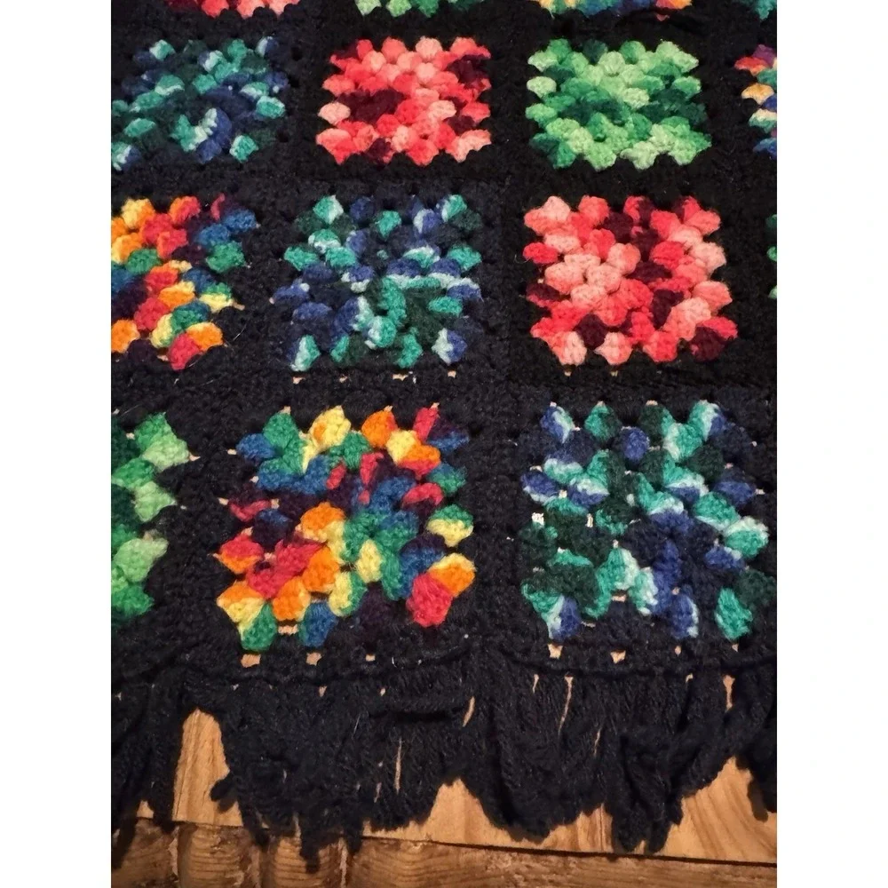 Vintage Handmade Granny Square Crochet Blanket Throw Black Multicolor Fr1nge